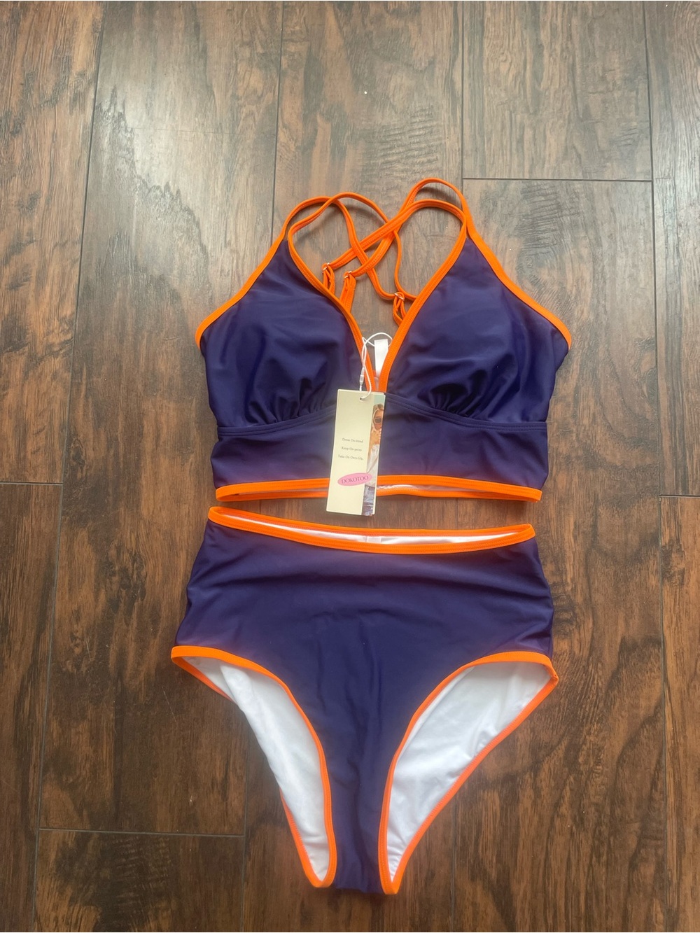 Women's Blue High-Waist two Piece Swim with Orange Trim